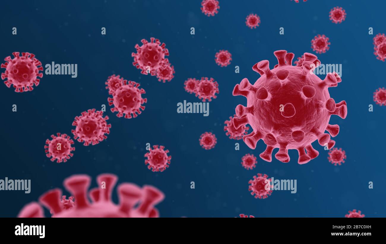 3D rendering of 2019-nCoV  corona virus  acute respiratory disease has been discovered first time in January 2020 in China town Wuhan. COVID-19 Stock Photo