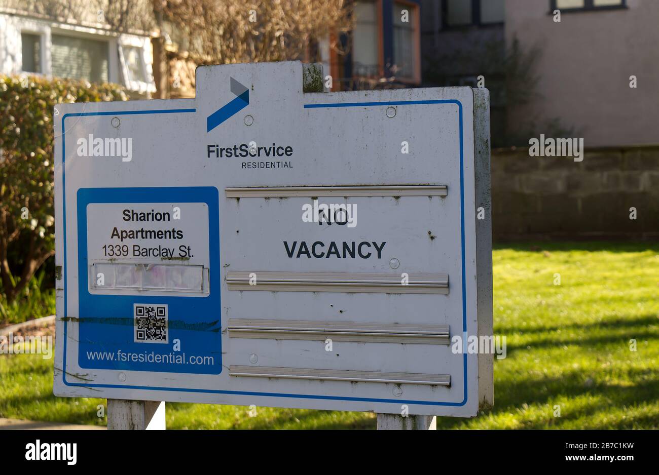 Vancouver, Canada - February 20,2020: A View of notice board on 1339 Barclay Street in West End neighborhood 'Apartments for rent. No Vacancy.' Stock Photo
