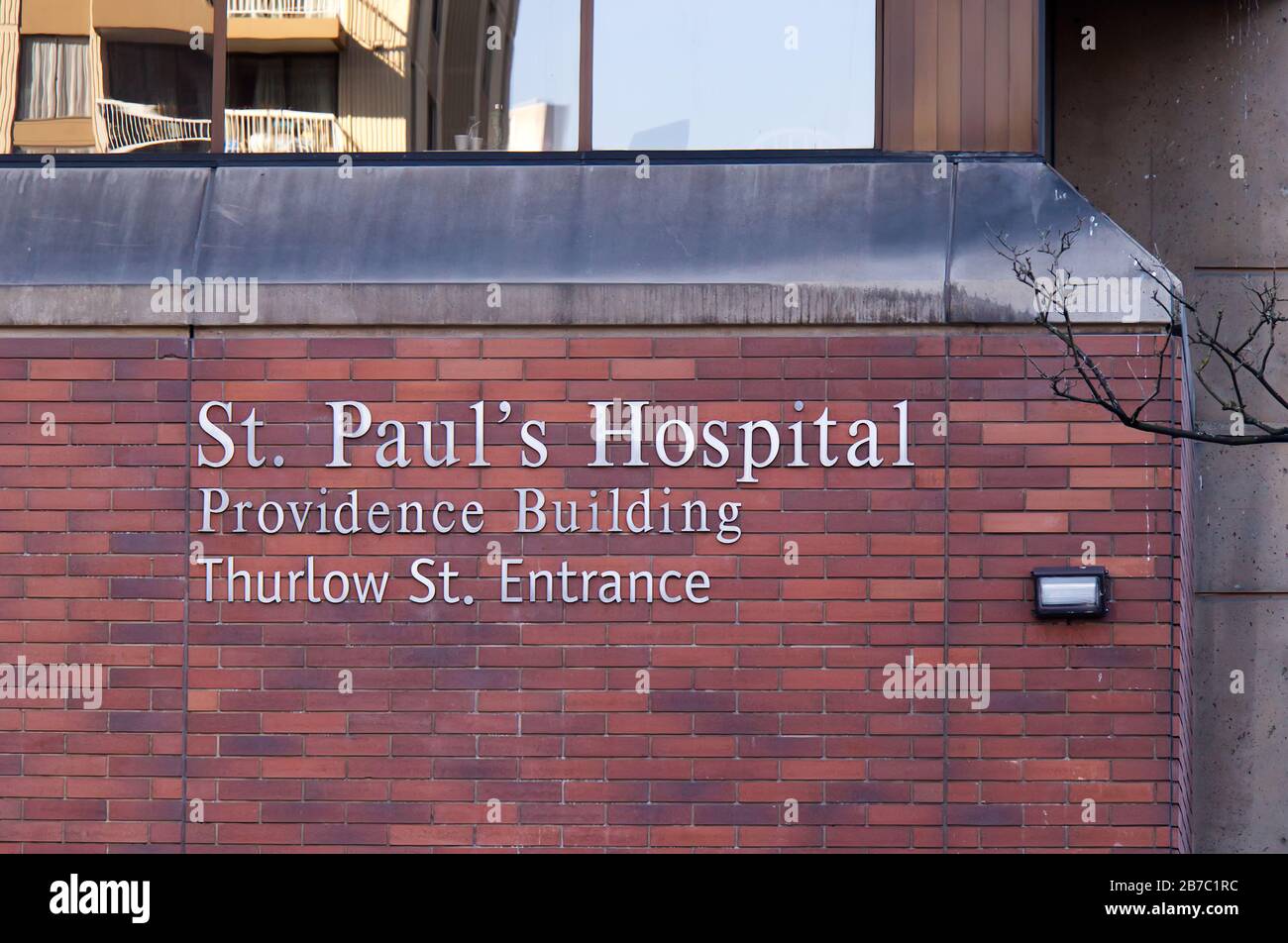 Vancouver, Canada - February 20, 2020: View of entrance building 'St. Paul Hospital' in downtown Vancouver Stock Photo