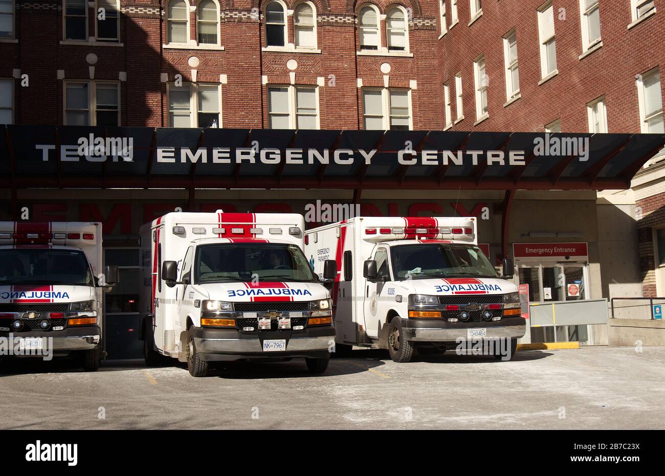 Vancouver, Canada - Feb 20,2020: View of Emergency Department 'Teck Emergency Centre' at St Paul Hospital with ambulance vehicles near the entrance Stock Photo