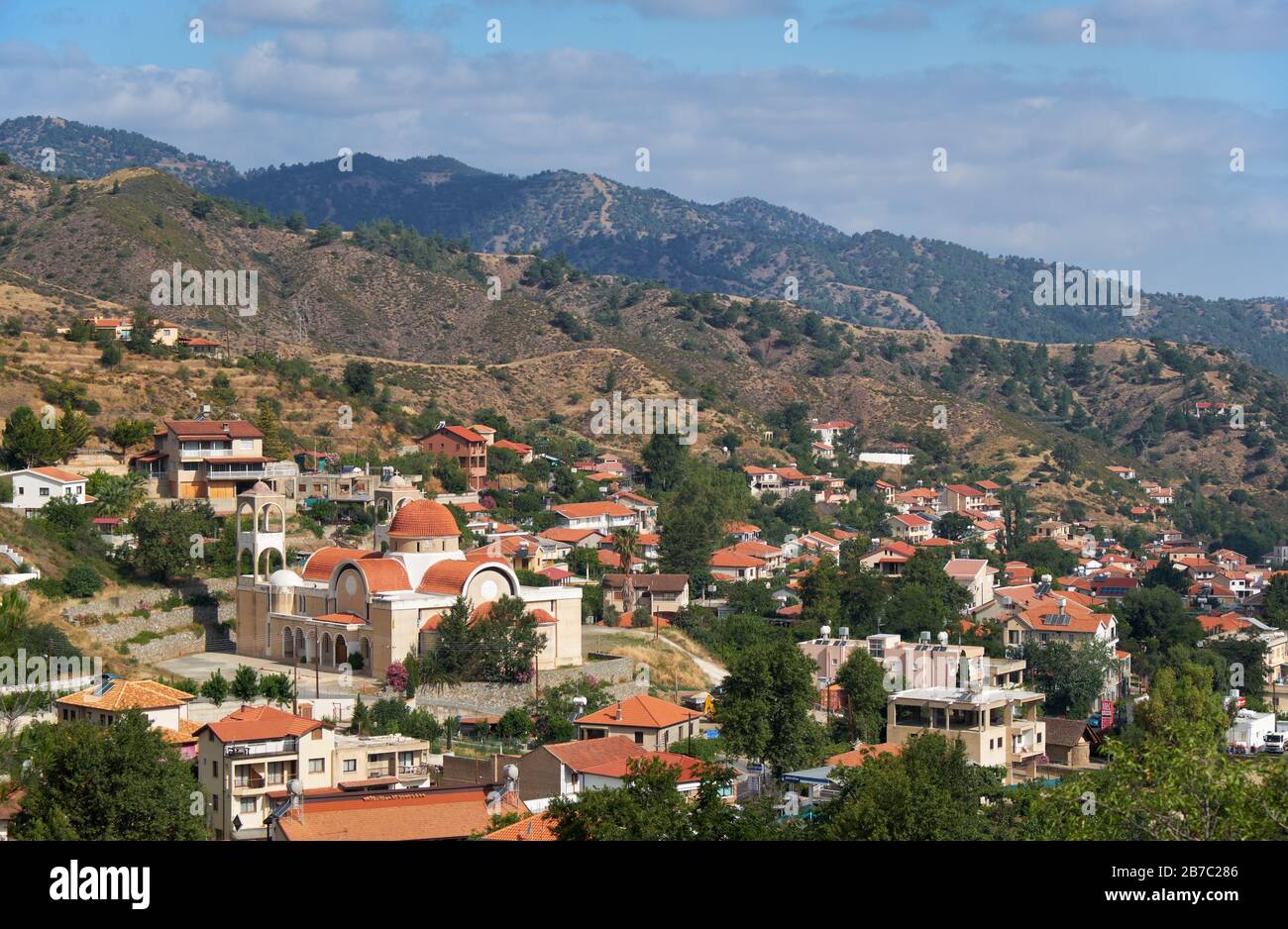 The view of Kakopetria village with the large Agios Panteleimonas Church upon the foothill of the Troodos Mountain. Nicosia District. Cyprus Stock Photo
