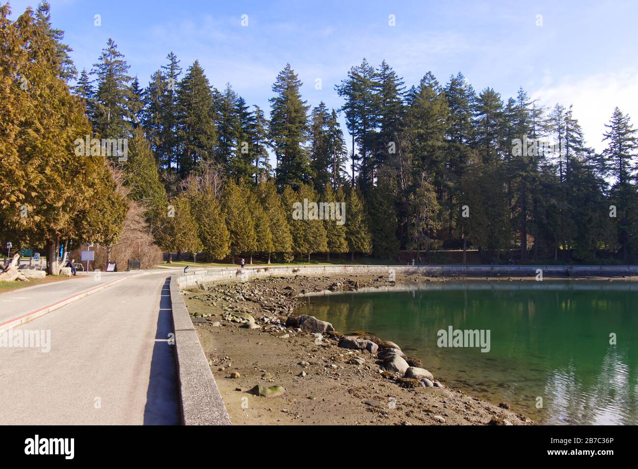 View of seawall path at sunny day in Stanley Park in Vancouver during the low tide Stock Photo