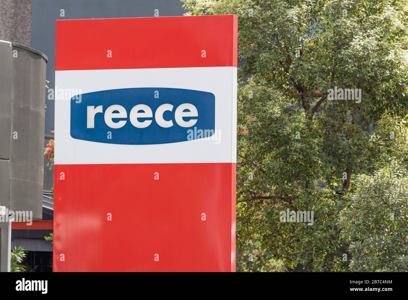 Signage and the logo outside a store for Reece Plumbing (Reece Limited), Australia's leading supplier of plumbing and bathroom products Stock Photo