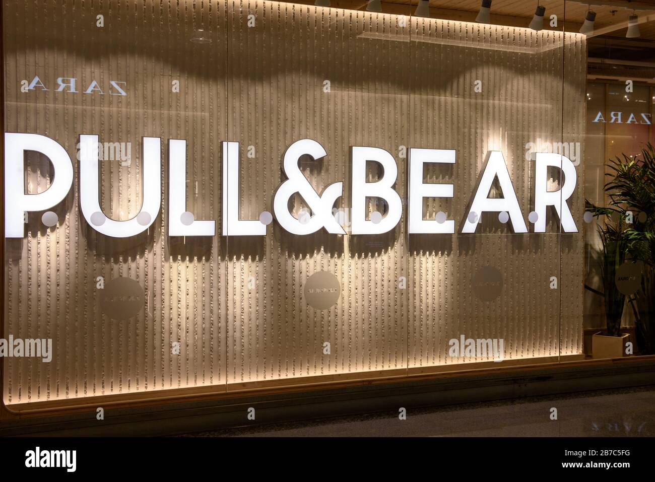 RIGA, LATVIA. 4th April 2019. Logo of Pull&Bear company's shop at Akropole  shopping centre. Pull&Bear is spanish clothing and accessories retailer  Stock Photo - Alamy