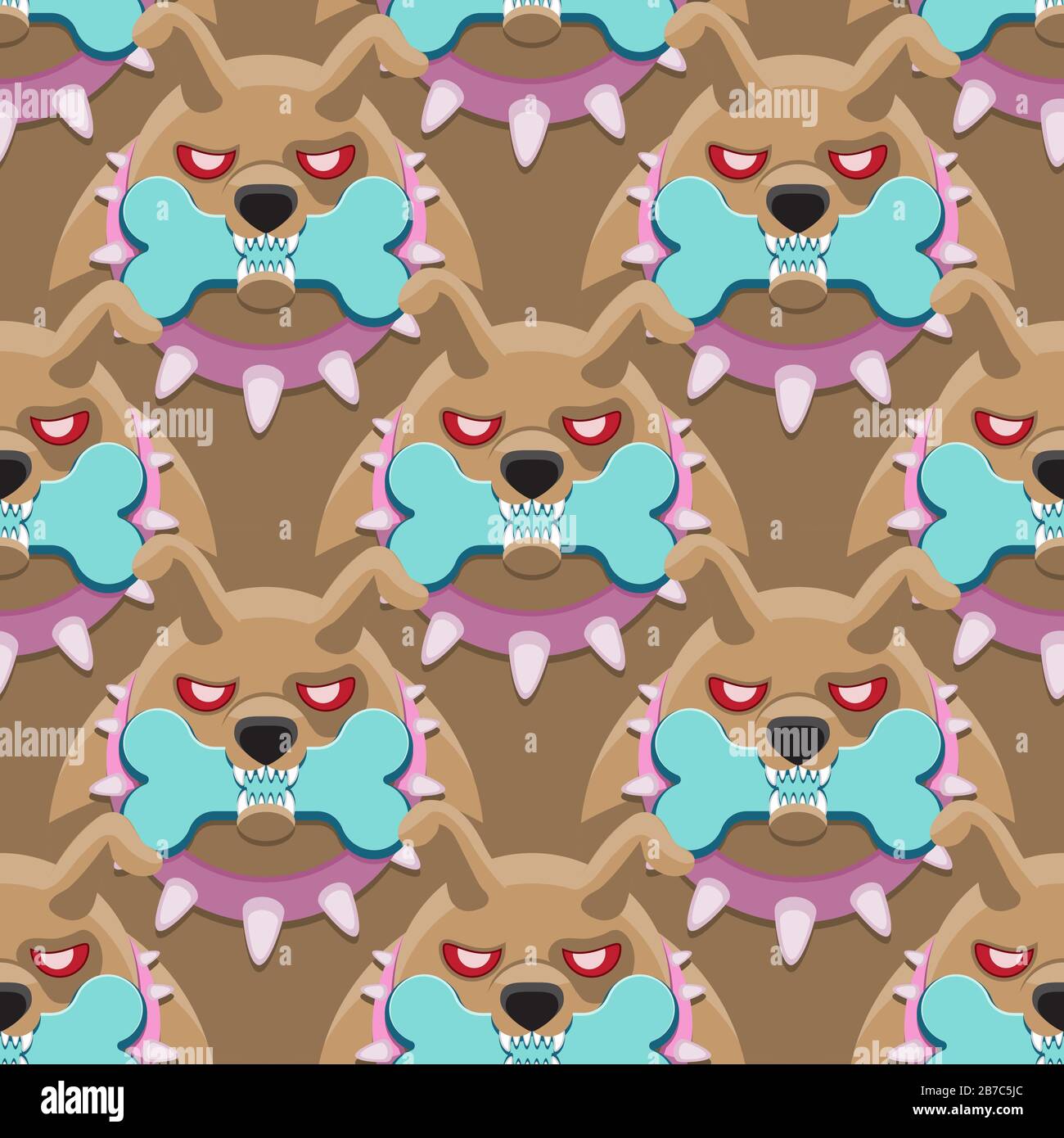 Seamless pattern of an angry dog holding a bone in its teeth on a brown background. Vector image Stock Vector