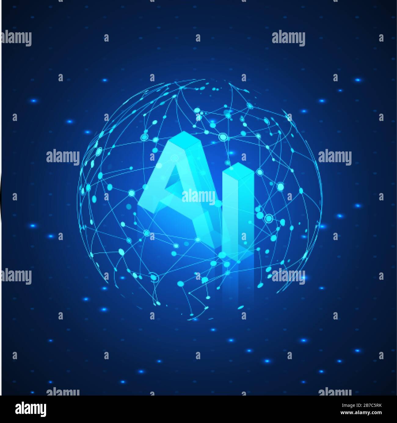 AI hologram in Global Network. Artificial intelligence isometric banner. AI header. Futuristic Technology background. Vector Stock Vector