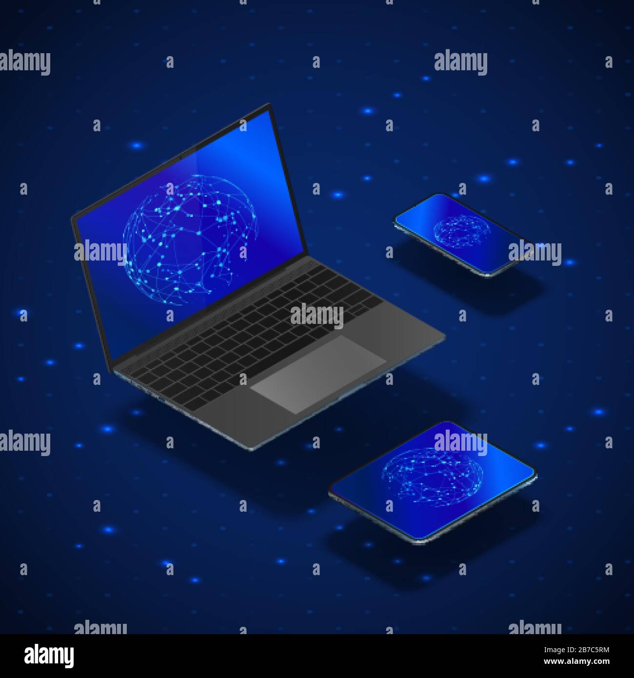 Isometric gadgets mock up set. Realistic laptop mobile and tablet with global networking on screen. Modern digital ecosystem. vector in blue color Stock Vector
