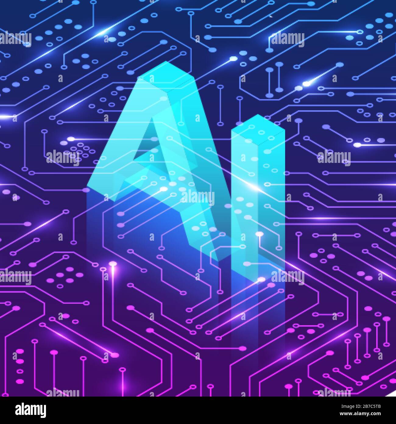 Artificial intelligence concept. Isometric AI header on circuit background. Futurictic illustration. Vector Stock Vector