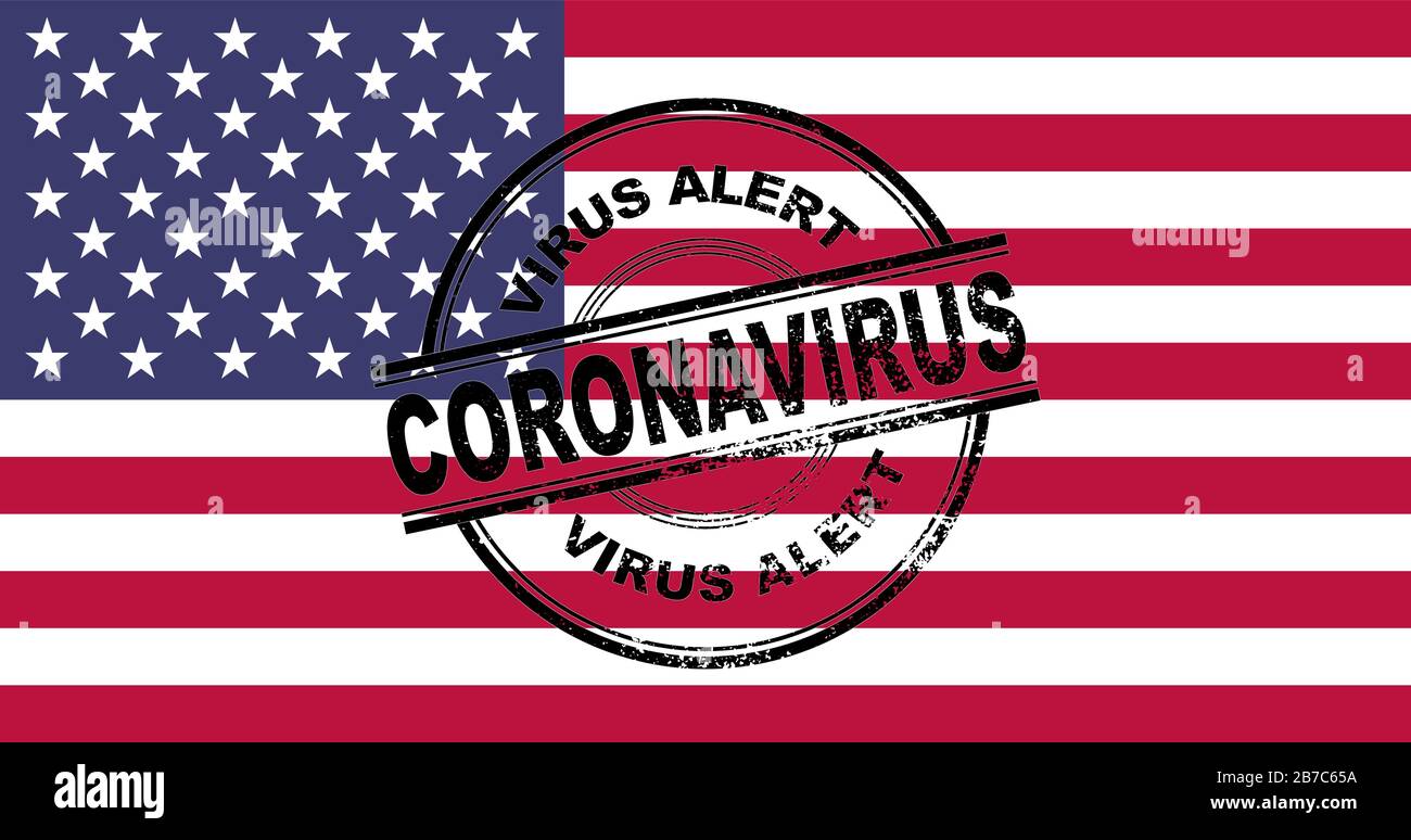 Coronavirus alert stamp. Covic-19 alert in United States. Vector illustration with USA flag background. EPS 10 Stock Vector