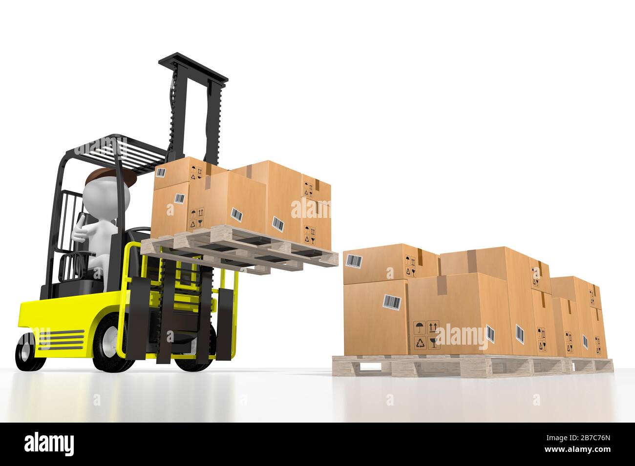 Forklift machine, packages - 3D rendering Stock Photo - Alamy