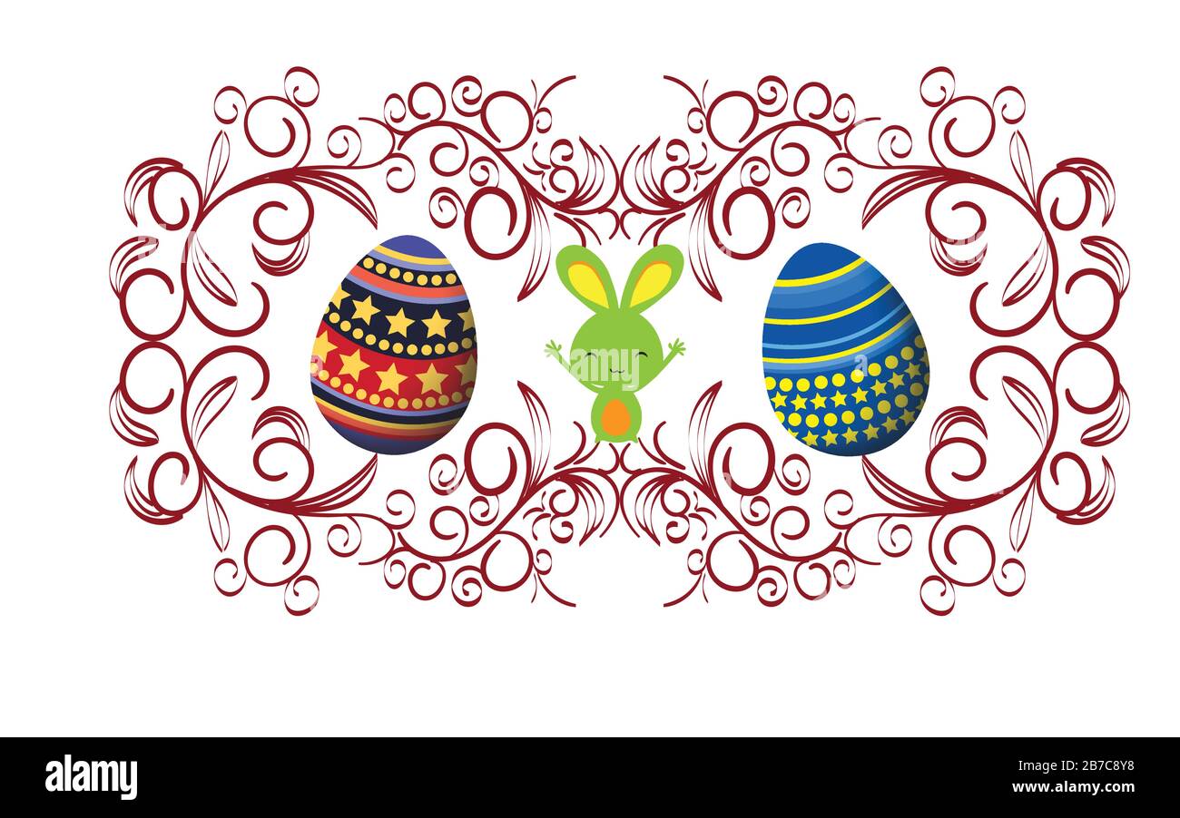 Easter background with traditional decorations. Easter greeting with colored eggs and bunny Stock Vector