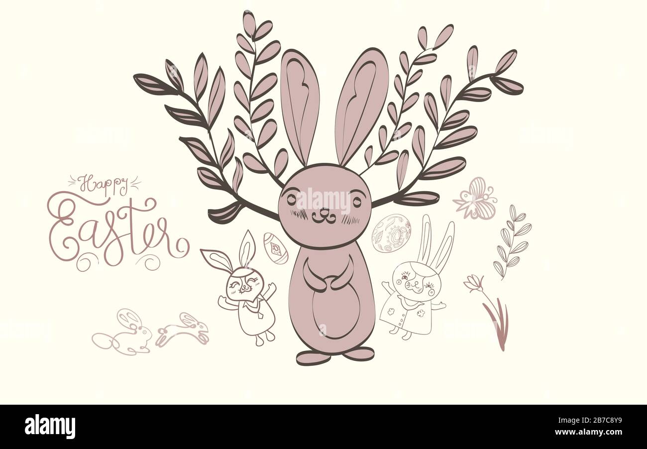 Easter background with traditional decorations. Easter greeting with colored bunny Stock Vector