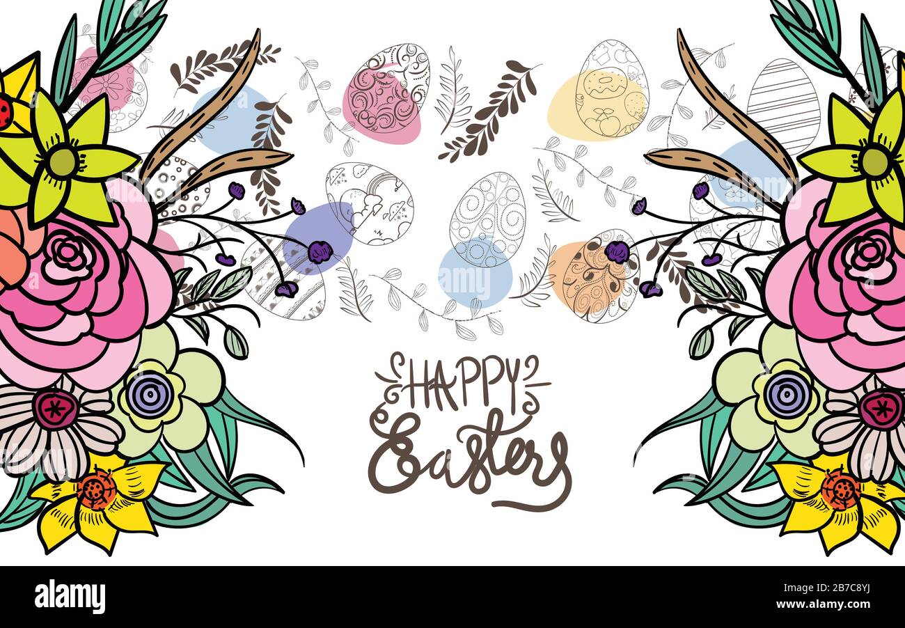 Easter background with traditional decorations. Easter greeting with colored eggs Stock Vector