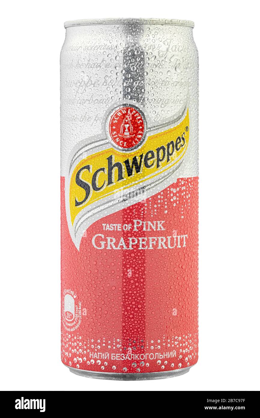 Ukraine, Kiev March 04. 2020 Aluminium can of the Schweppes Pink
