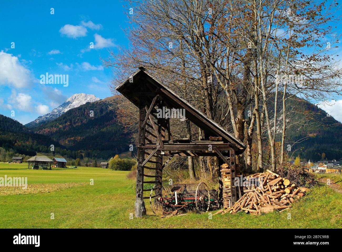 Austria, barn with agricultural tool in Carinthia Stock Photo