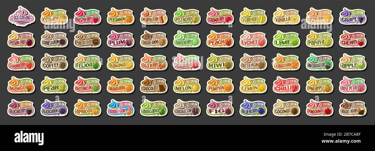 Vector set of Ice Cream labels, 54 cut out illustrations of variety fruit icecreams on black, group of various ice creams with fruits ingredients, man Stock Vector