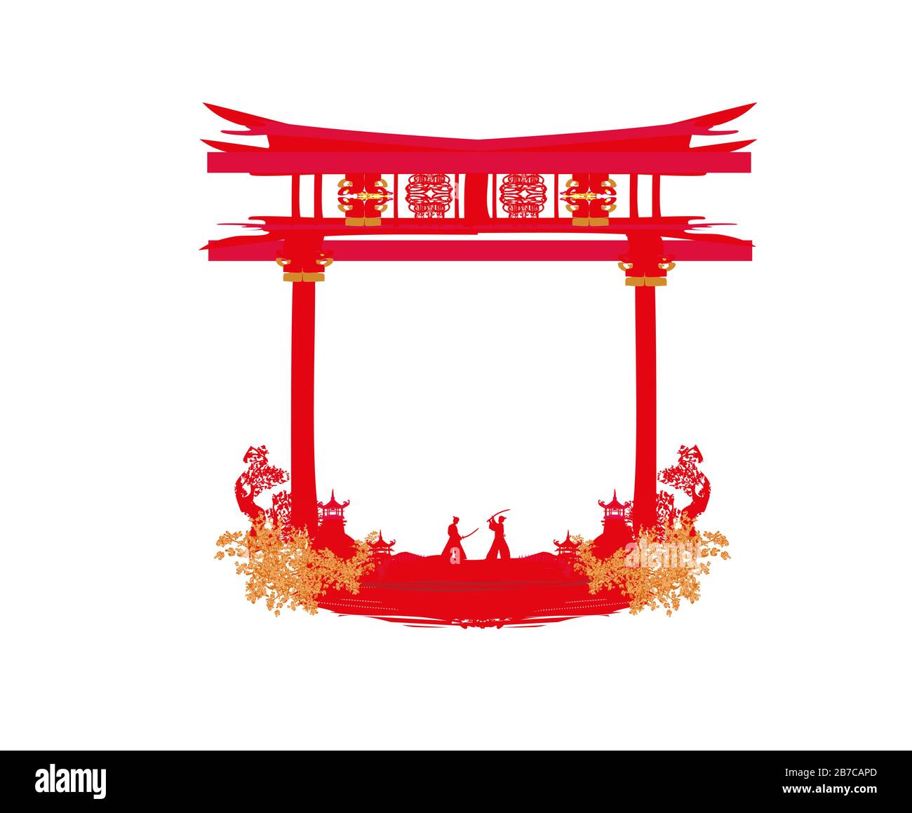 Japanese Samurai fighters silhouette on Asian landscape Stock Vector