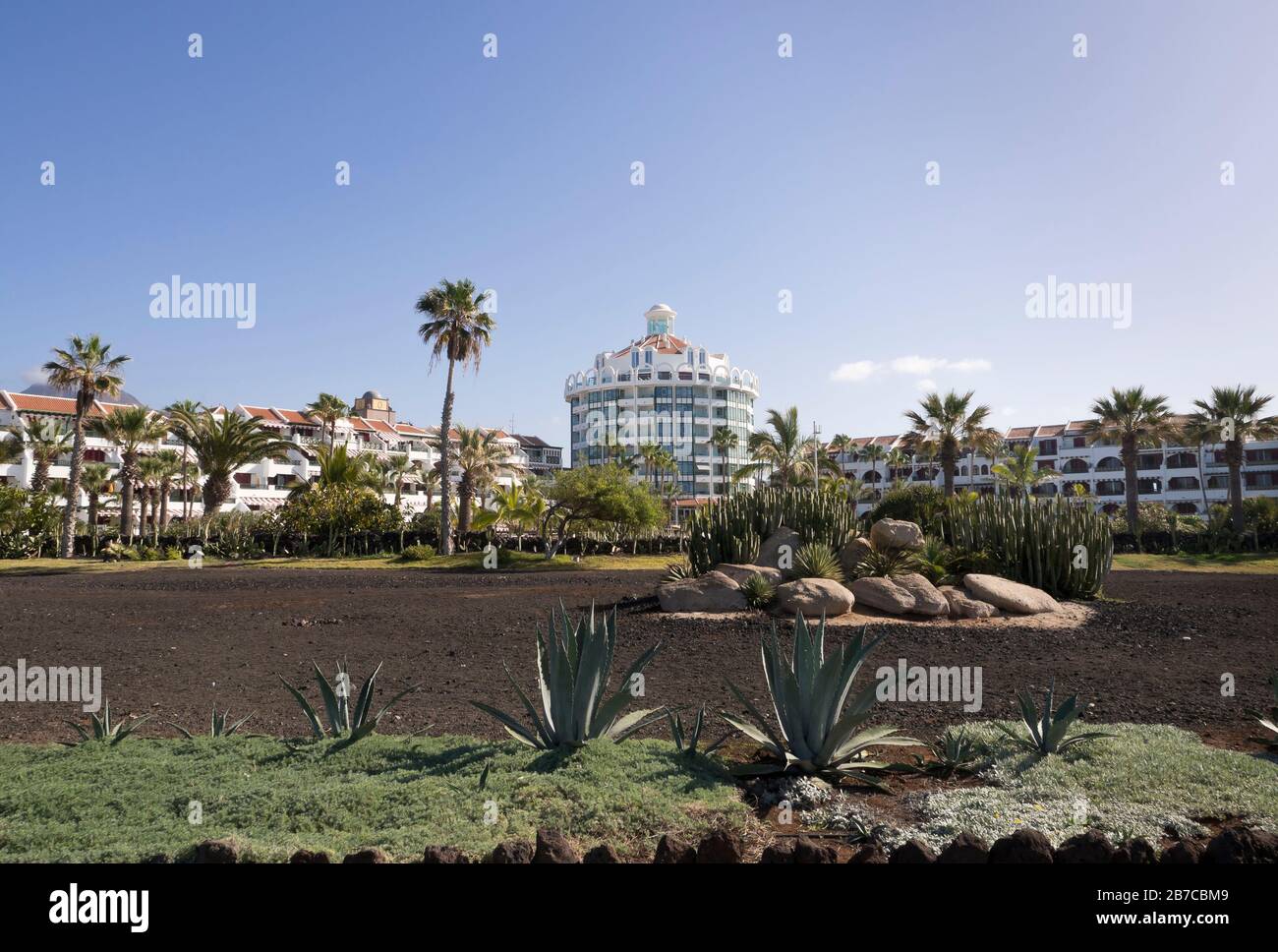 Parque Santiago IV in Playa de las Americas, Tenerife Spain, apartment hotel at the coastal promenade Stock Photo