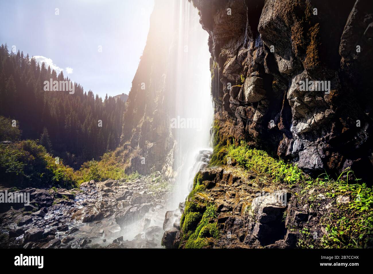 Beautiful waterfall in the mountain valley, Kazakhstan, Central Asia Stock Photo