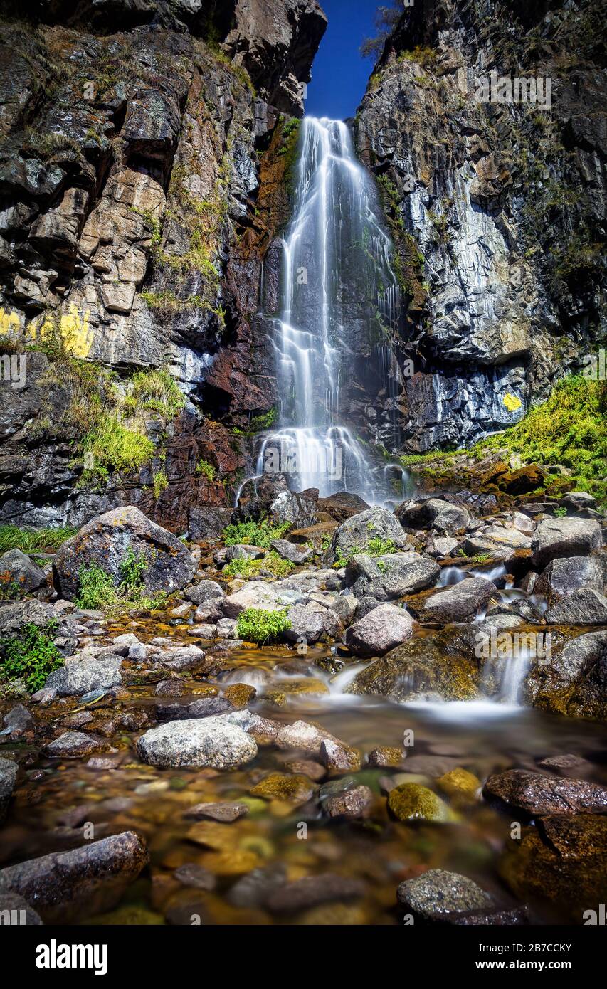 Beautiful waterfall in the mountain valley, Kazakhstan, Central Asia Stock Photo