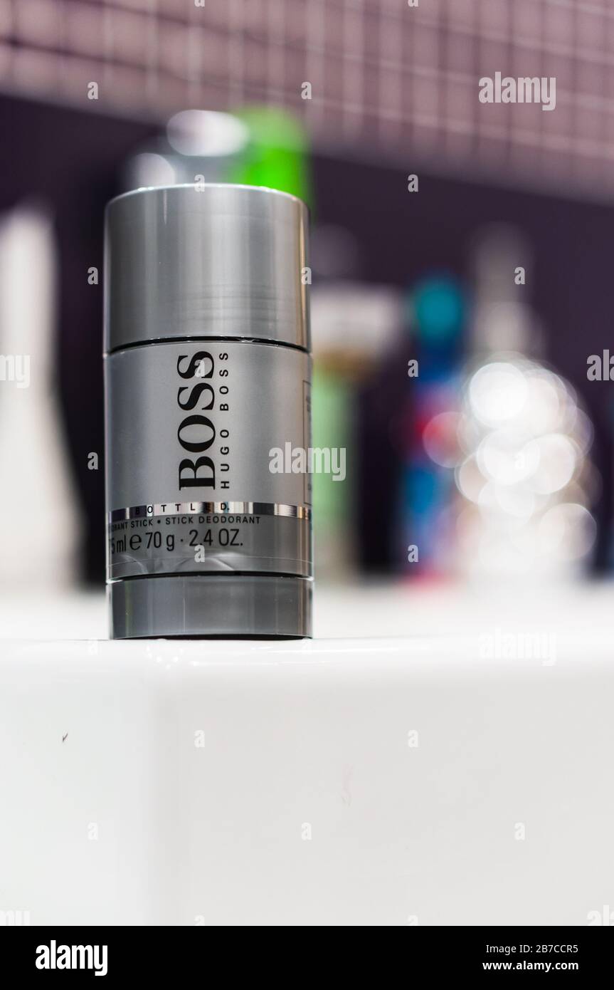 POZNAN, POLAND - Feb 29, 2020: Hugo Boss deo roller in a grey plastic  container on a sink corner Stock Photo - Alamy