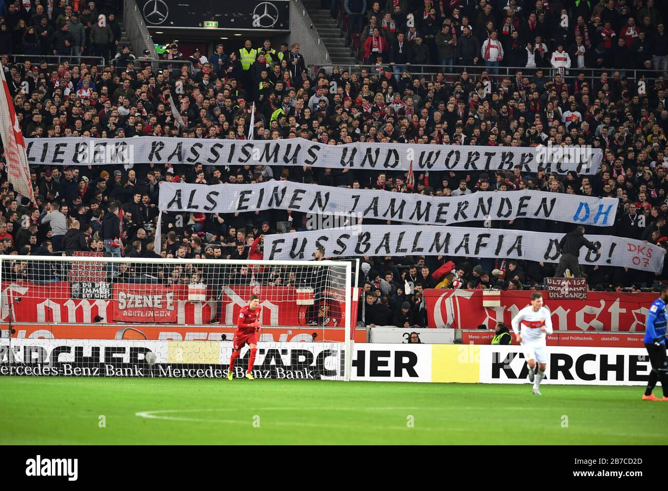 Schmaeh posters, banners, banners, fan protests versus the DFB. Ullras,  Stuttgart fans, football fans. Soccer 2.Bundesliga, 25th matchday,  matchday25, VFB Stuttgart (S) -Arminia Bielefeld (BI) 1-1, on March 9th,  2020 in Stuttgart/Germany.