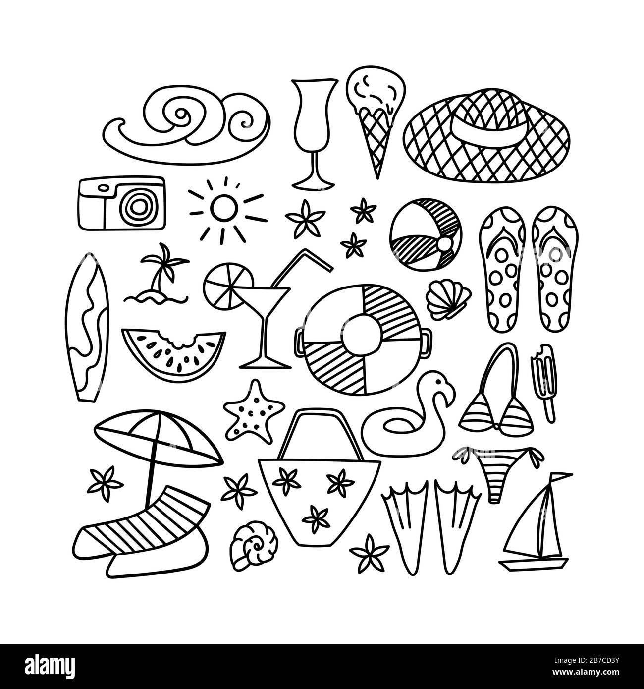 Seamless pattern with summer hand drawn icons on white background ...