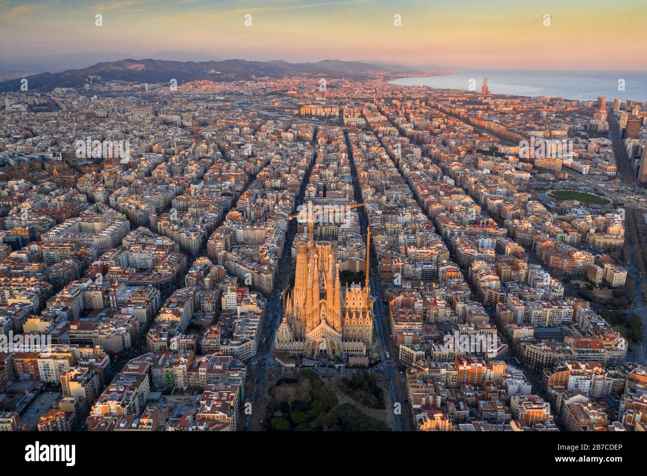 Aerial view of La Sagrada Família and Eixample octogonal grid. (Barcelona, Catalonia, Spain) Stock Photo