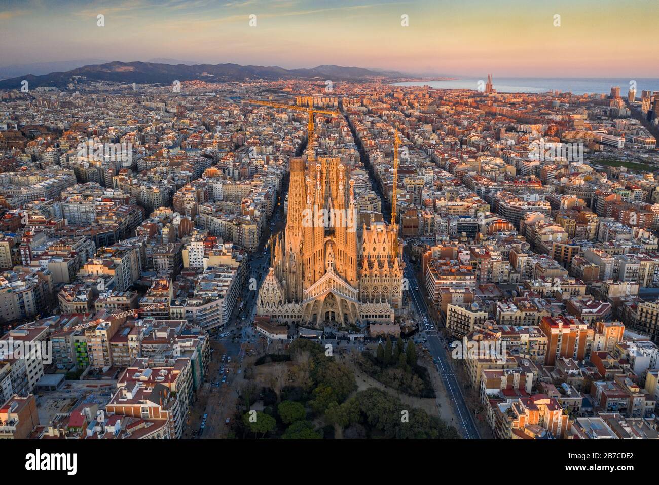 Aerial view of La Sagrada Família and Eixample octogonal grid. (Barcelona, Catalonia, Spain) Stock Photo