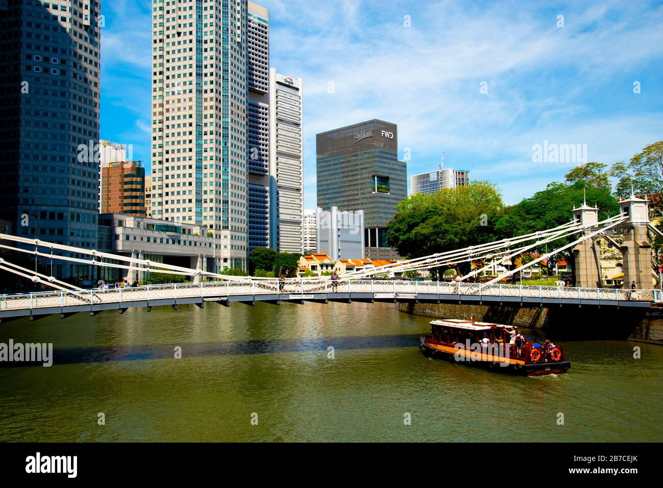 Singapore City, Singapore - April 13, 2019: Cavenagh bridge is the oldest bridge in Singapore in its original form Stock Photo