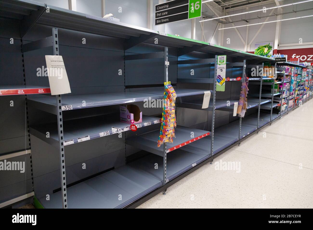 Empty toilet roll shelves after panic buying due the coronavirus march 2020, Fife Scotland Stock Photo