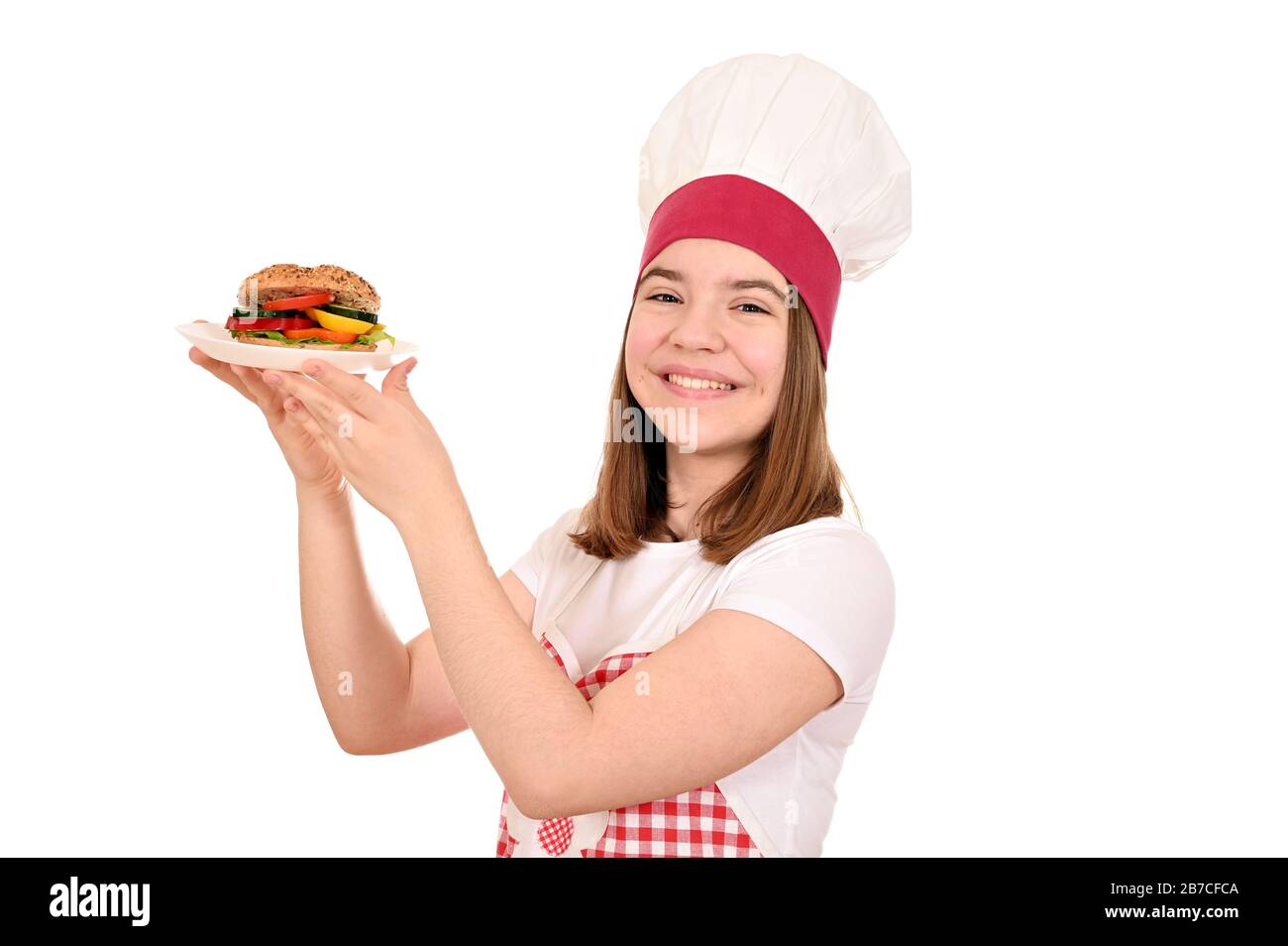 happy female cook with vegan sandwich Stock Photo