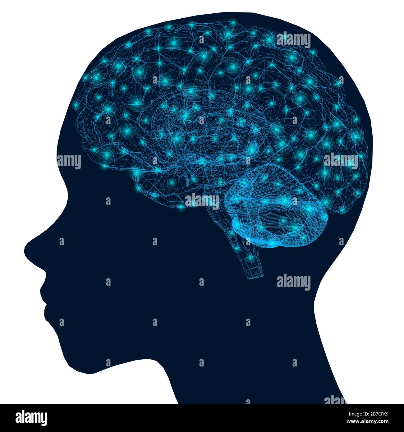 Silhouette of a human head with a polygonal brain wireframe made of ...