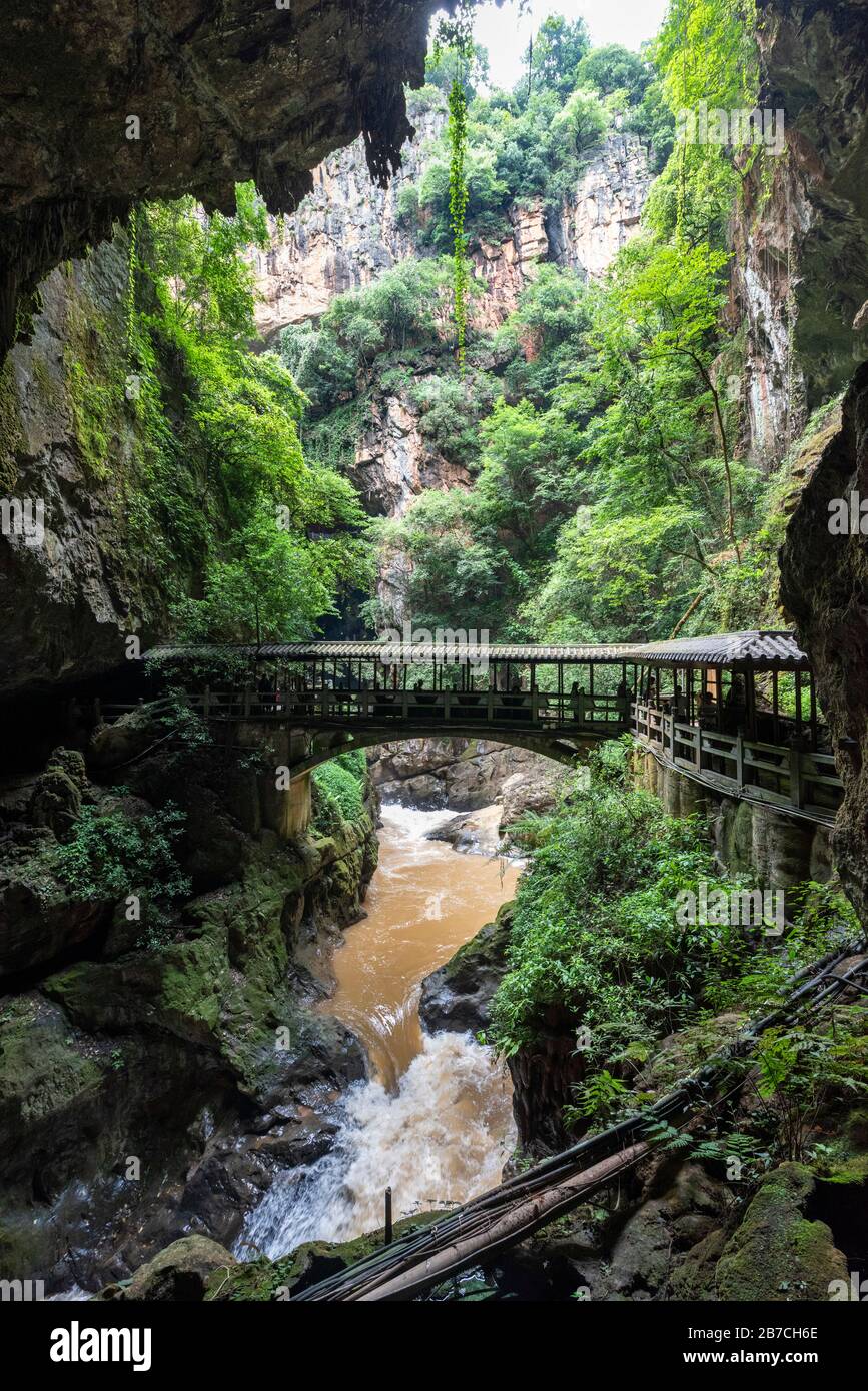 Terrifying Gorge and Diehong Bridge at Jiuxiang Gorge and Caves National Geopark in Jiuxiang Yi and Hui Ethnic Autonomous Township, Kunming, China. Stock Photo