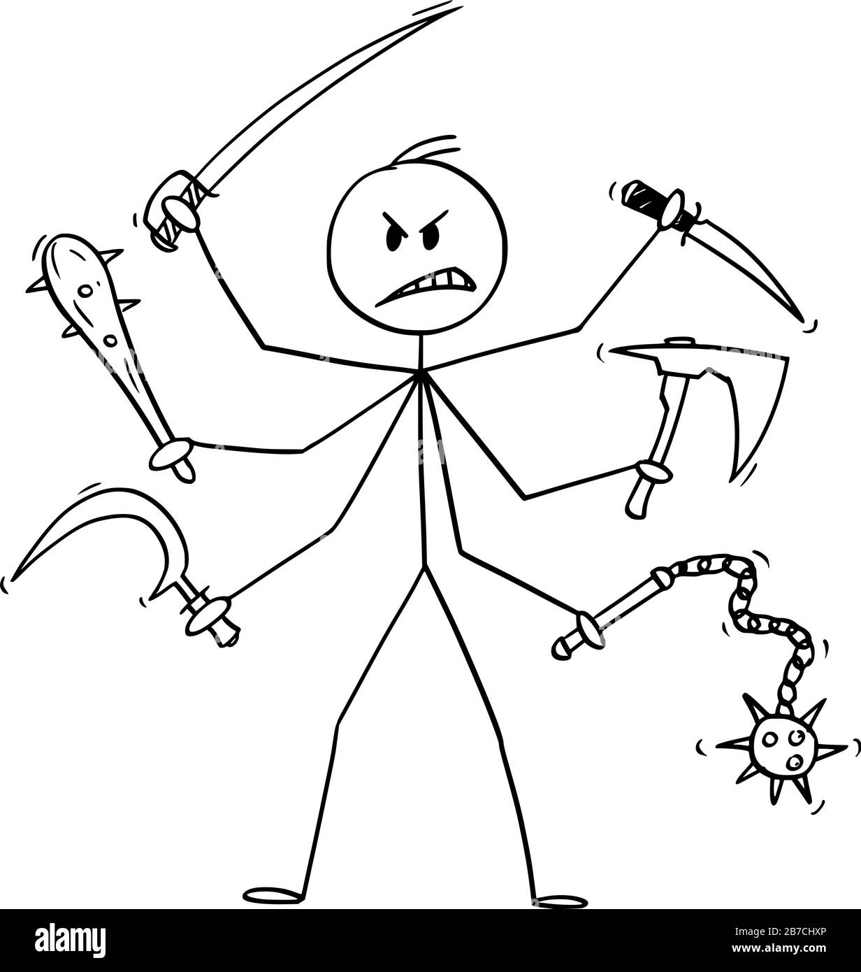 Vector cartoon stick figure drawing conceptual illustration of man with six arms holding cold weapons like sabre,ax,knife,club,sickle and flail.Concept of fight and violence. Stock Vector