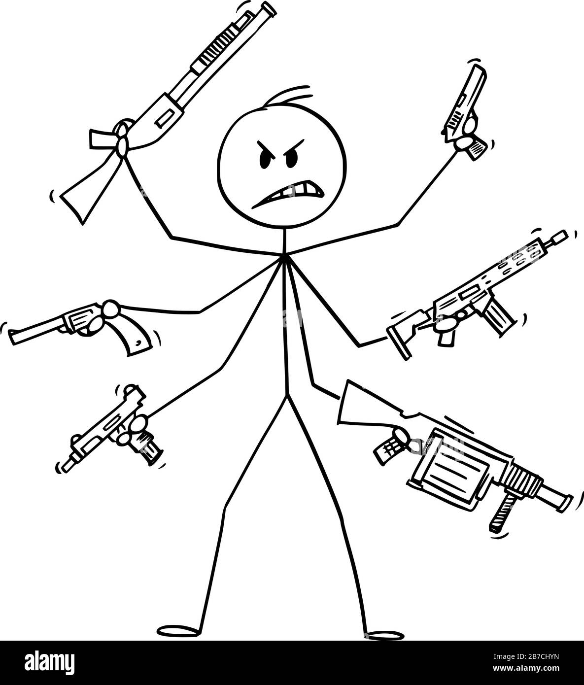 Vector cartoon stick figure drawing conceptual illustration of man with six arms holding weapons like pistol,rifle,grenade launcher and sub-machine gun.Concept of fight and violence. Stock Vector