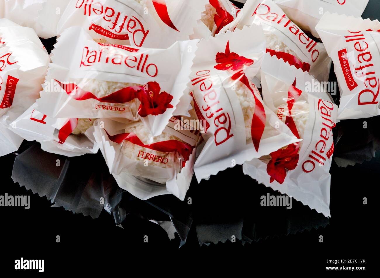 Raffaello ball shaped candies. Raffaello is manufactured by Italian