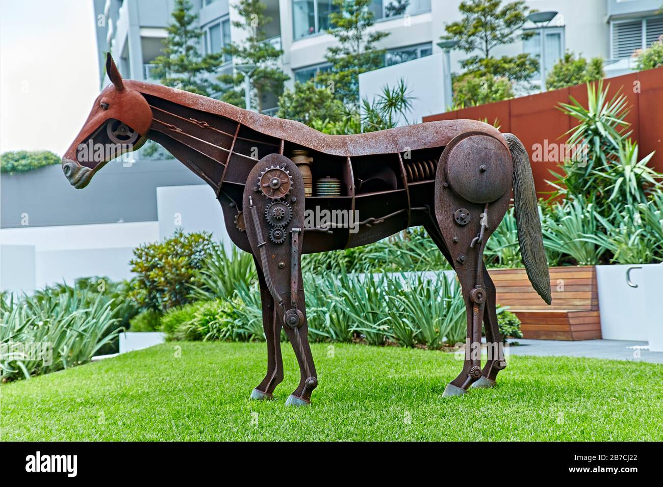 Mechanical Horse Steel Sculpture an artwork of steel and recycled parts. Located in Chatswood Sydney Australia. Stock Photo