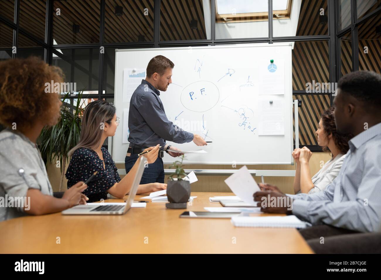 Businessman mentor presenting marketing plan on flip chart at meeting
