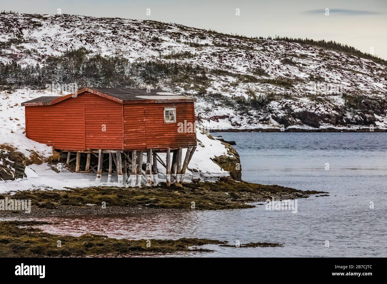 Fishing stage along shore in English Harbour of Newfoundland, Canada