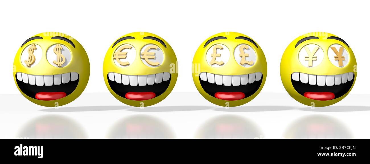 Currency emoticons - dollar, euro, pound, yen - 3D rendering Stock Photo