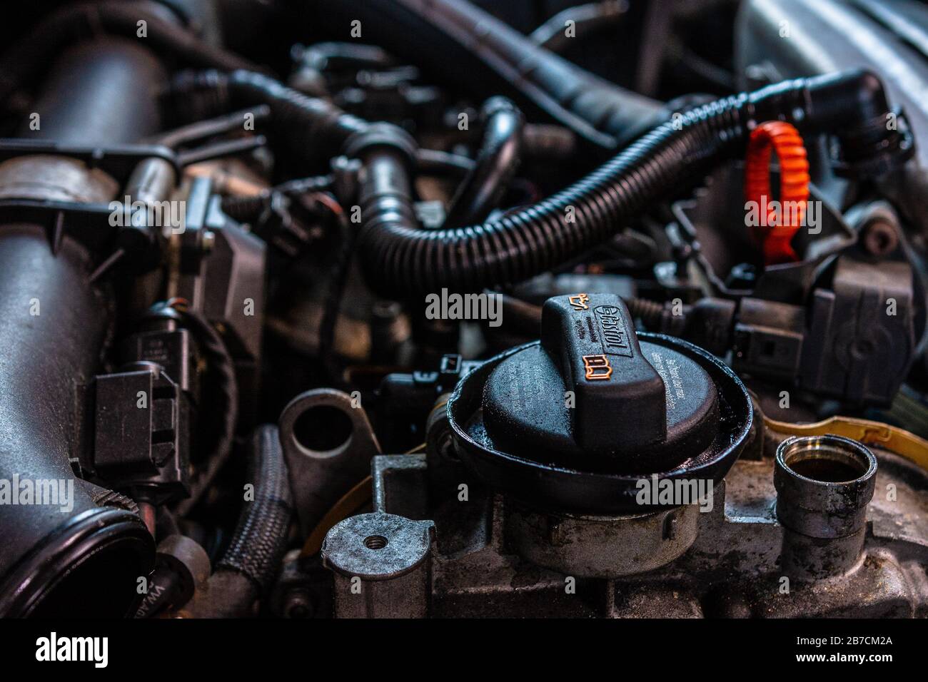Lviv, Ukraine - March 03, 2020: closeup of car turbo engine with oil filler neck for lubrication of internal parts and turbine 2020 Stock Photo