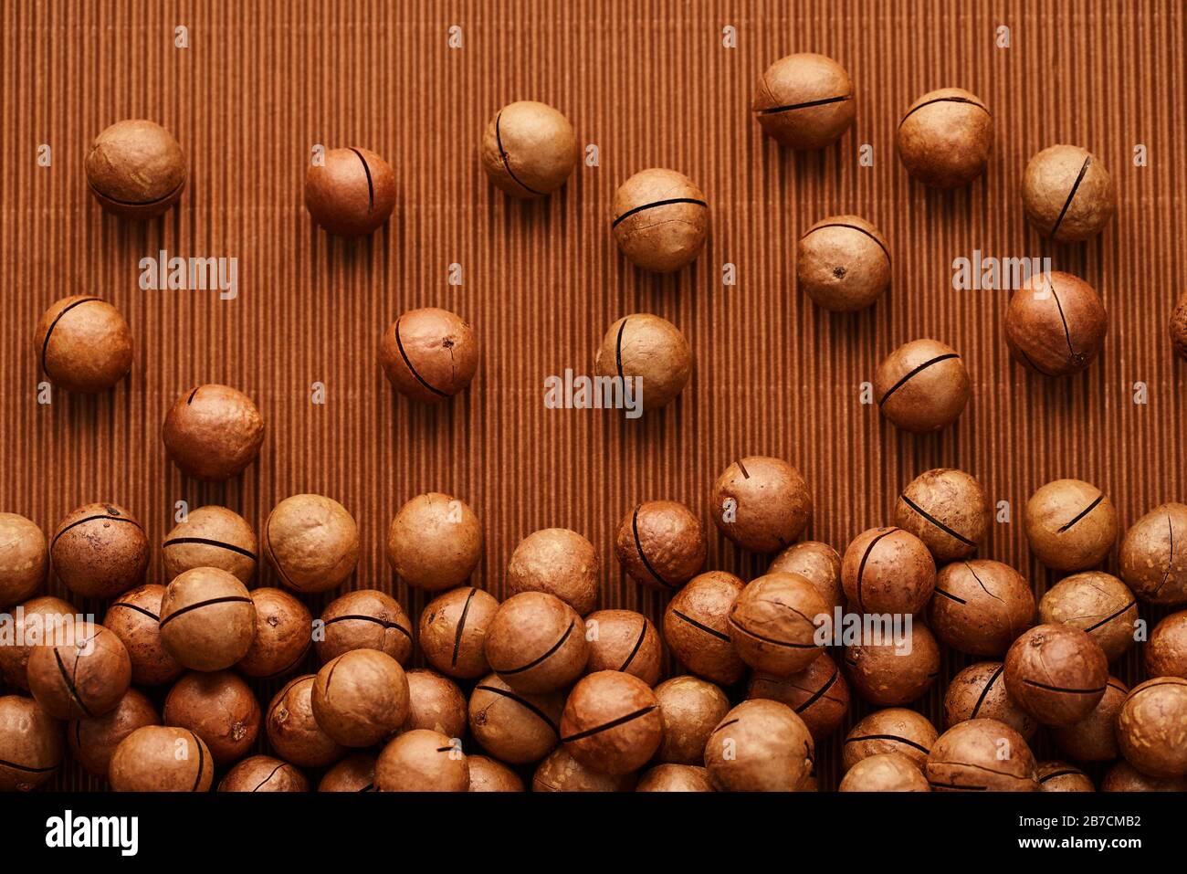 fresh macadam nut close-up on a brown background Stock Photo