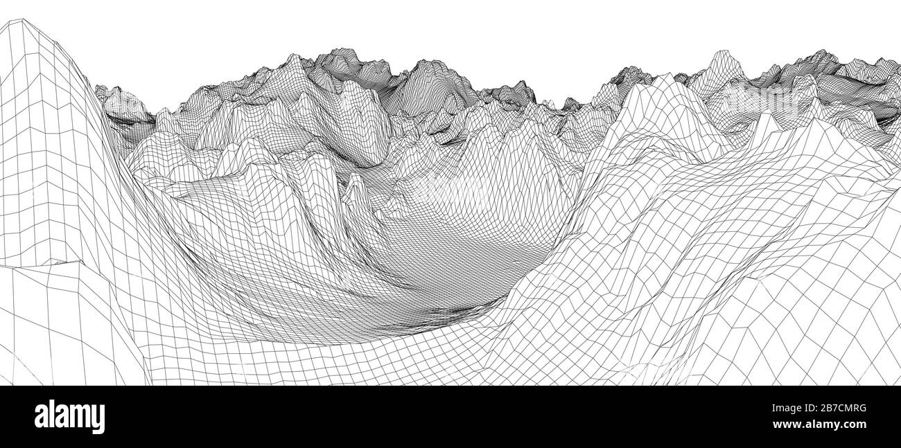 Abstract 3d wire-frame landscape. Blueprint style. Vector rendering ...