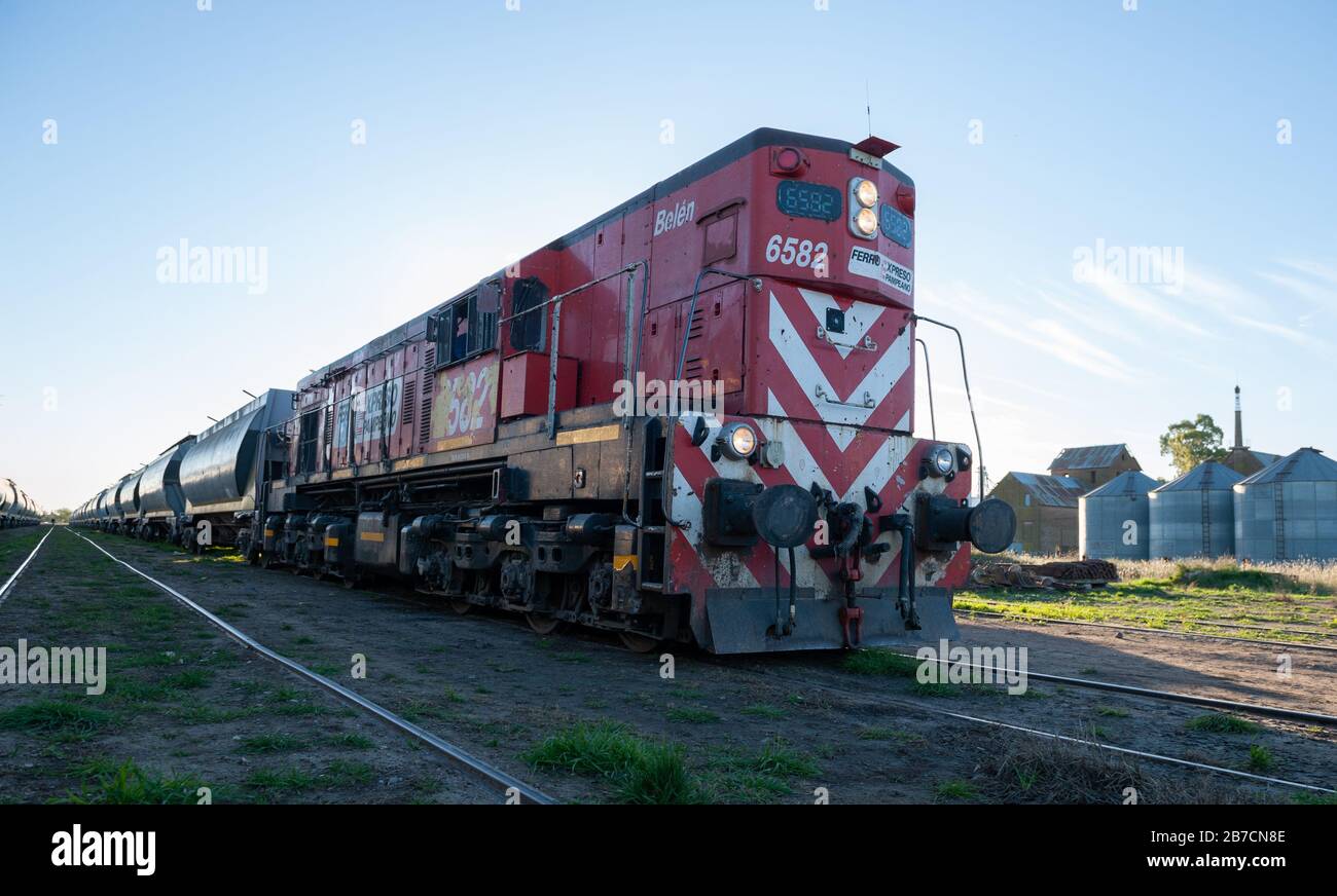 Buenos Aires, Argentina - May 05 2014: Train locomotive General Motors GR-12 working for the Expreso Pampeano in Buenos Aires Province. Stock Photo