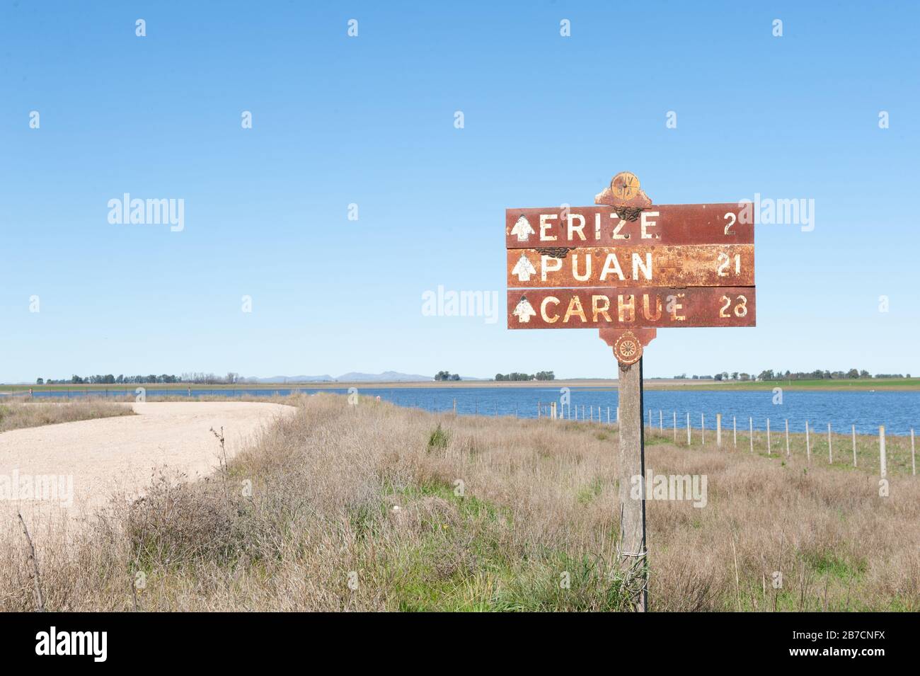 Buenos Aires, Argentina - May 30 2014: An old roadsign on a dirty road in western Buenos Aires Province Stock Photo