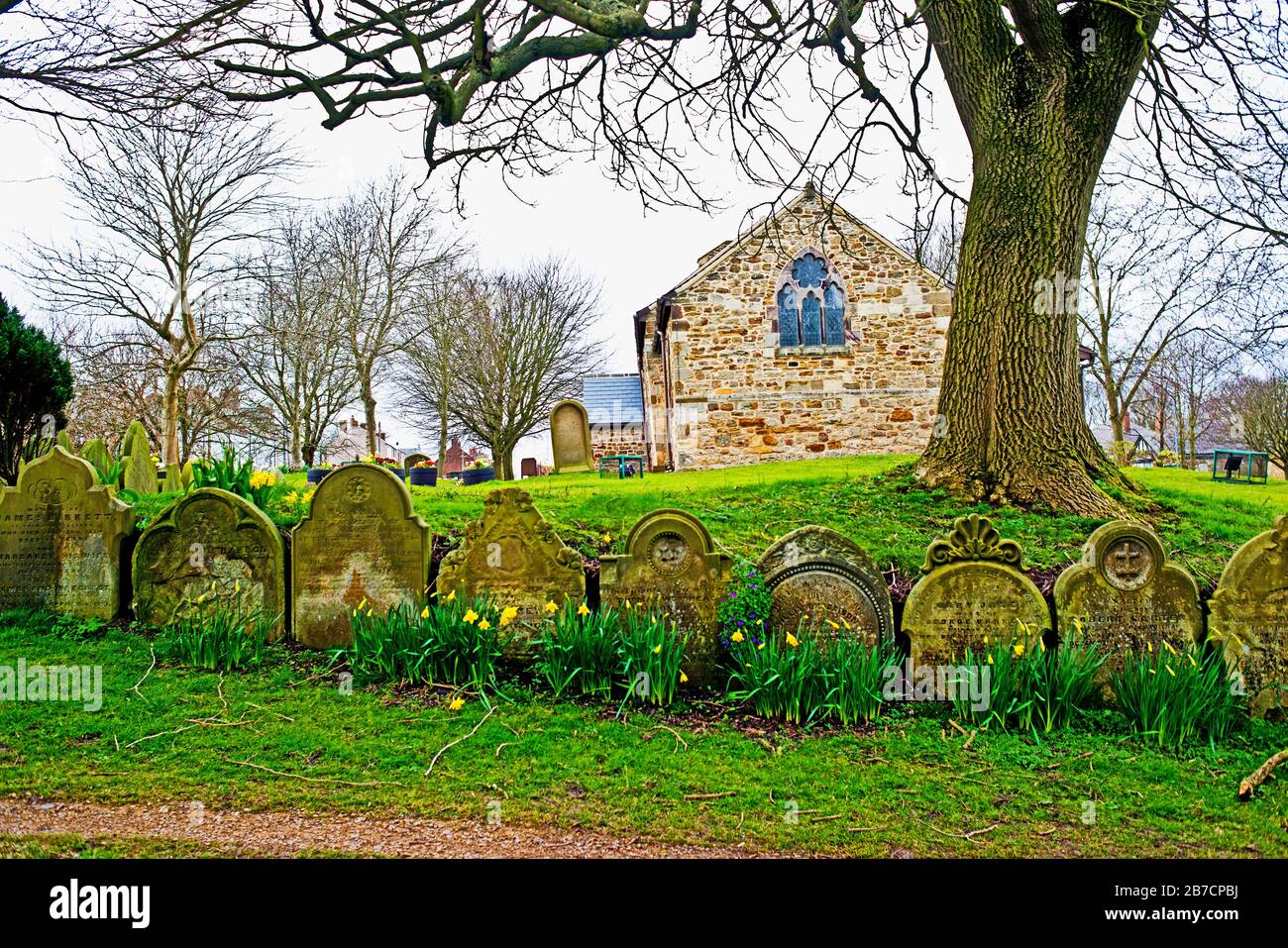 Line of gravestones, Church of St Mary Magdalene, Trimdon Village, County Durham Stock Photo