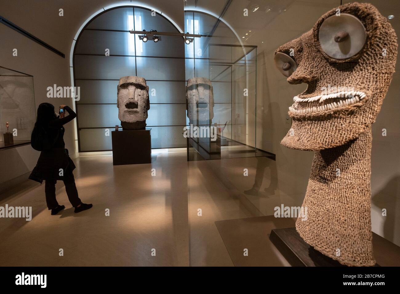 Stone statue of the Moai from Easter Island on display at the Louvre Museum in Paris, France, Europe Stock Photo