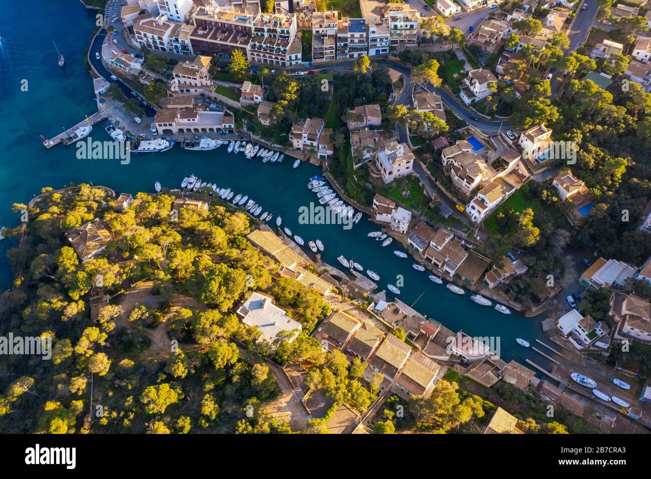 Fishing port in Cala Figuera, near Santanyi, aerial view, Migjorn region, Mediterranean Sea, Majorca, Balearic Islands, Spain Stock Photo