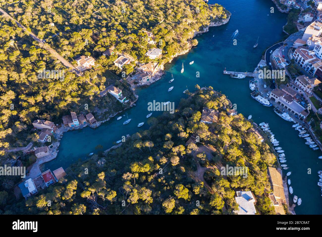 Cala Figuera, near Santanyi, aerial view, Migjorn region, Mediterranean Sea, Majorca, Balearic Islands, Spain Stock Photo